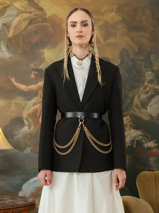 High waist black leather chain belt for women’s blazers and dresses.