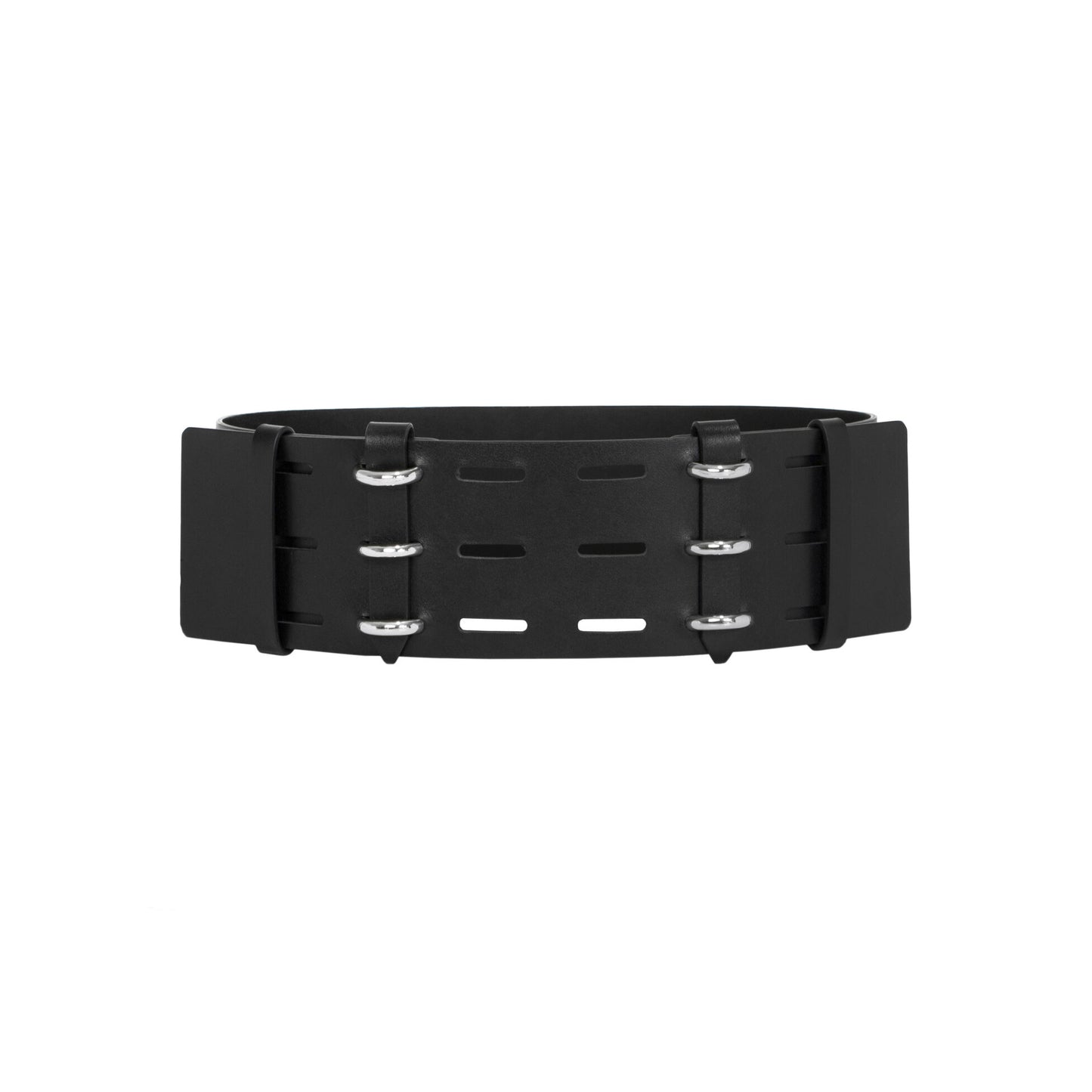 Front view of black leather wide corset belt.
