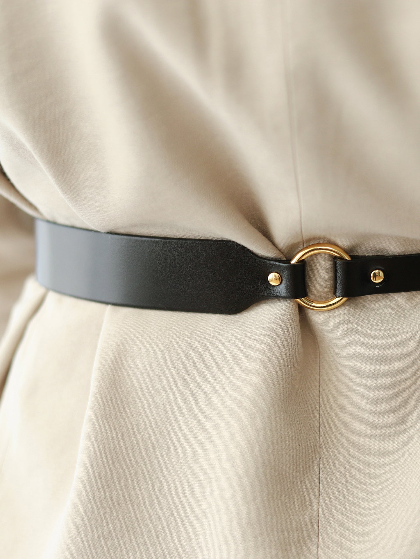 Detailed view of skinny leather belt adorned with gold hardware.