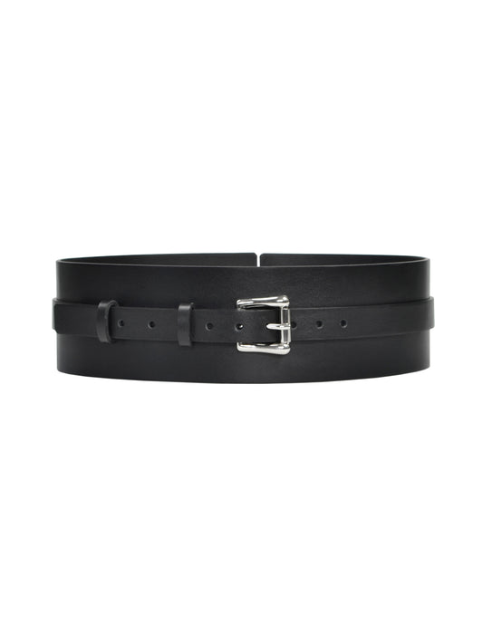 Front view of black high waist belt.
