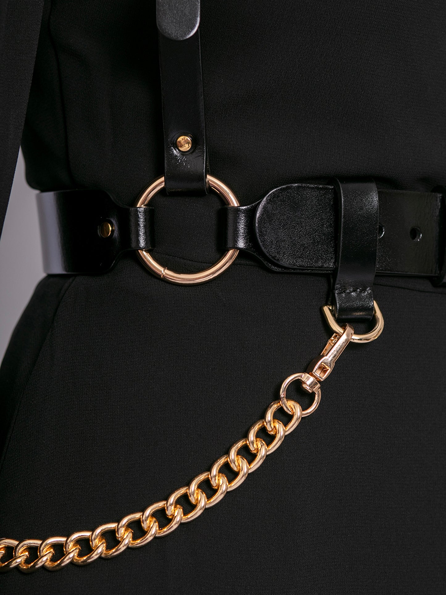 Detailed view of gold chain leather harness.