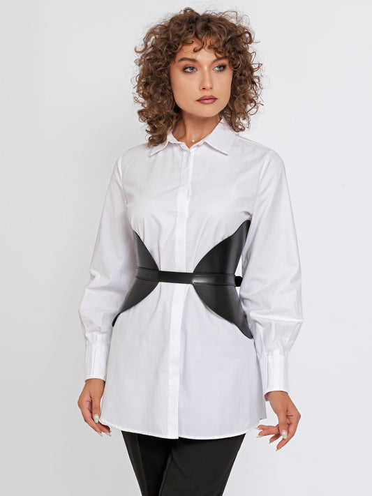 Wide Corset Belt worn by model over white shirt.