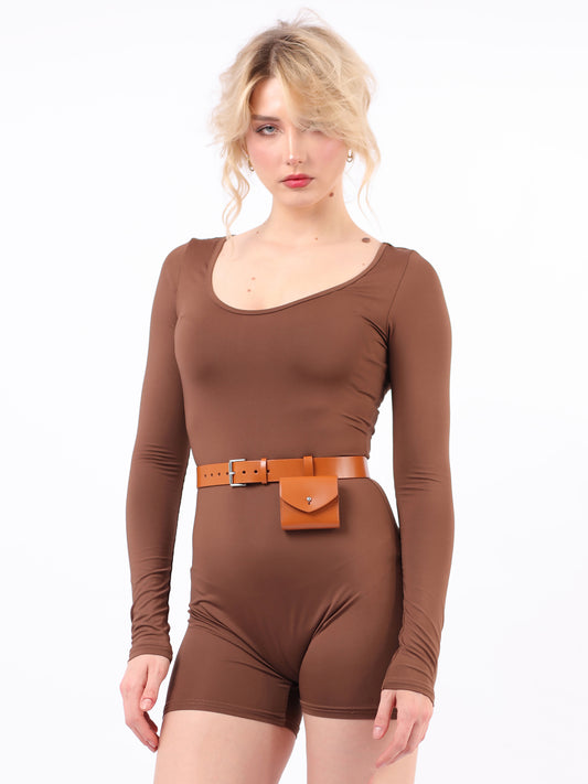 Brown micro belt bag fitted on woman wearing brown jumpsuit.