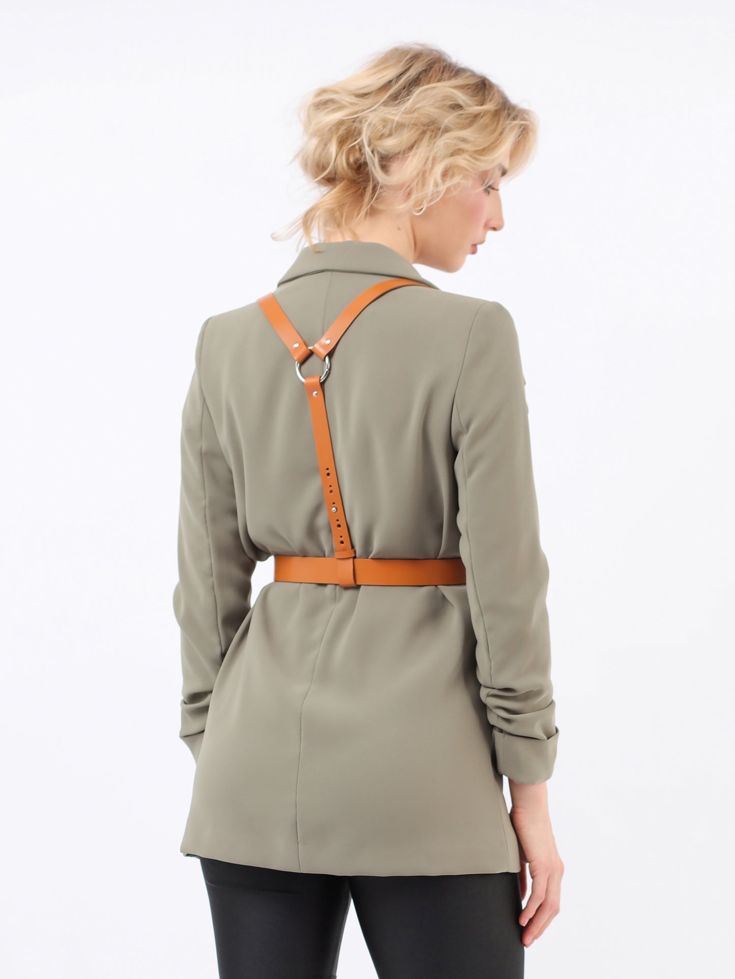 Back view of brown double bag harness.