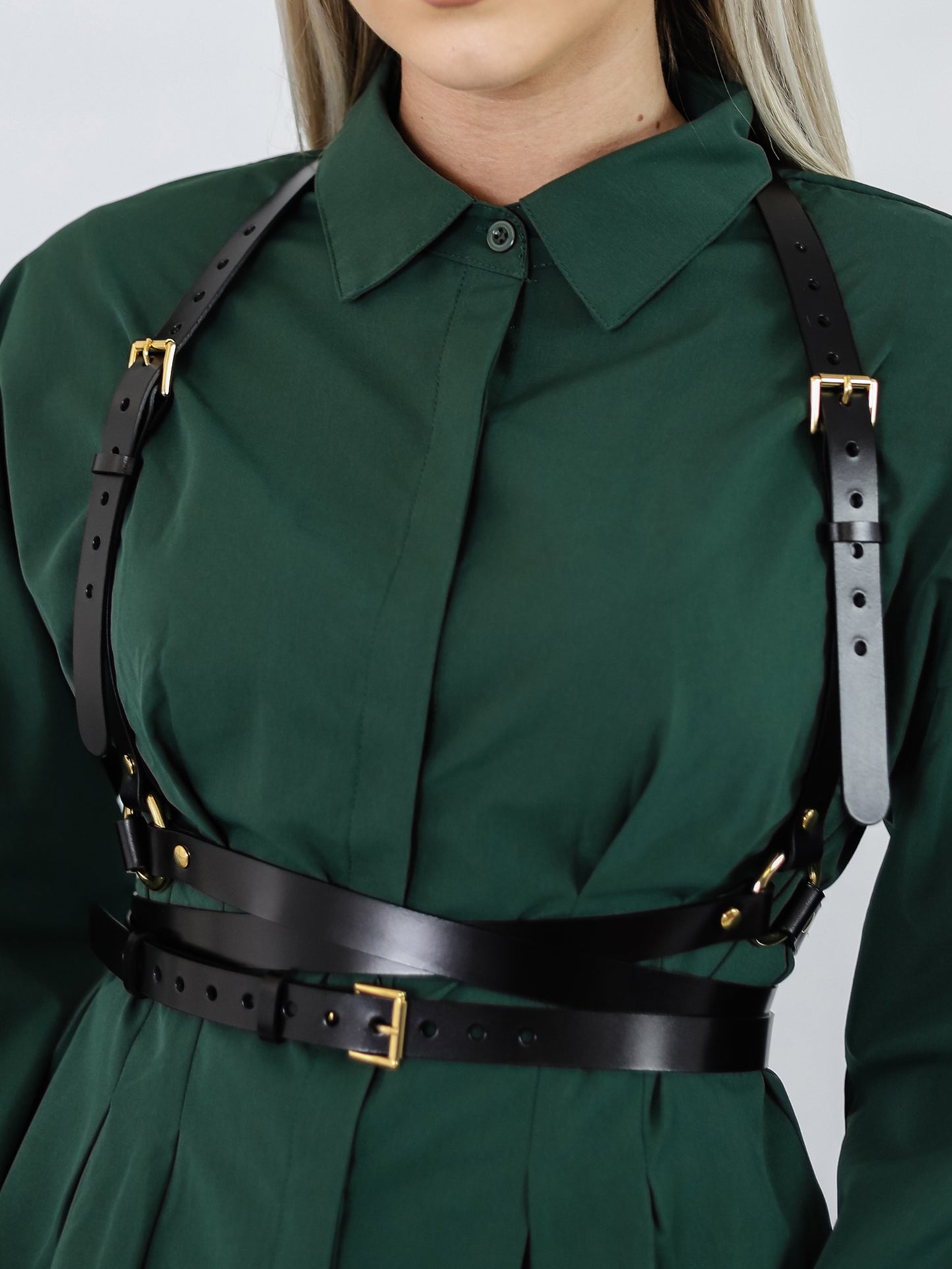 Detailed view of double belt harness.