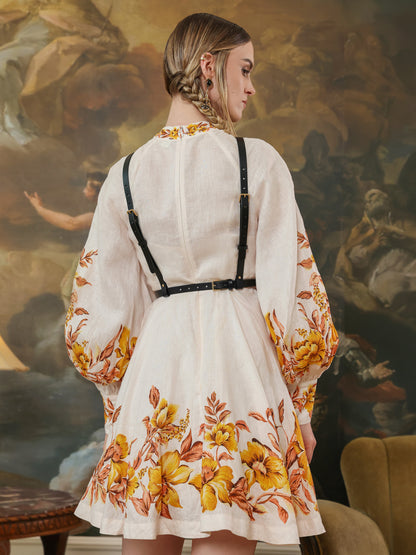 Back view of adjustable black leather harness with buckle straps.