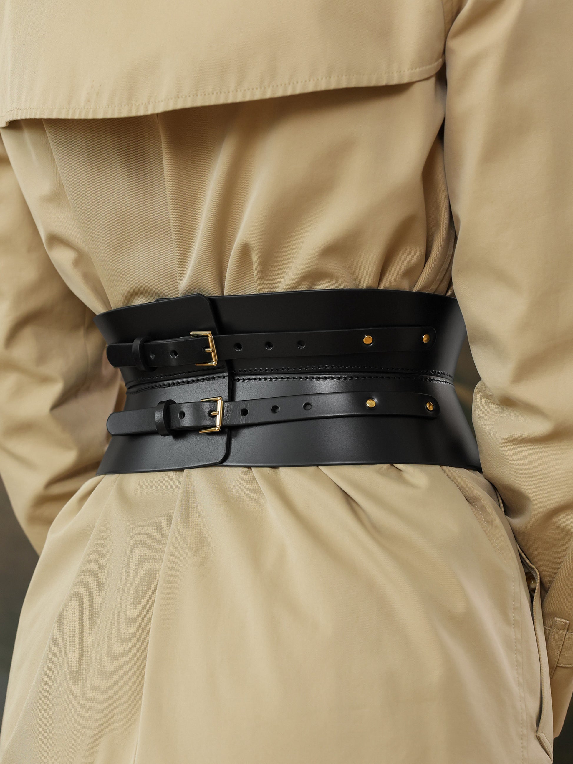 Back view of black hourglass corset belt with double buckle straps.