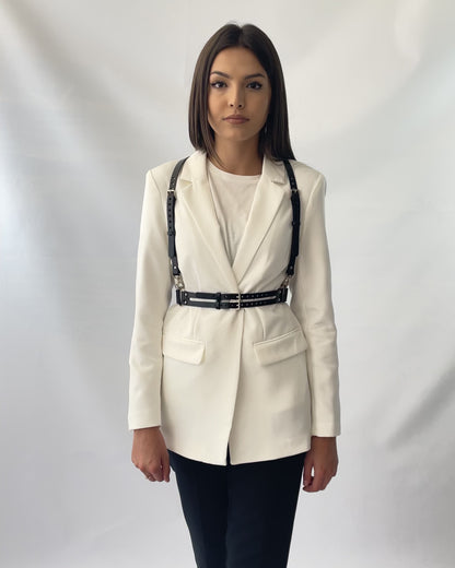 Video presenting the black leather suspender harness.