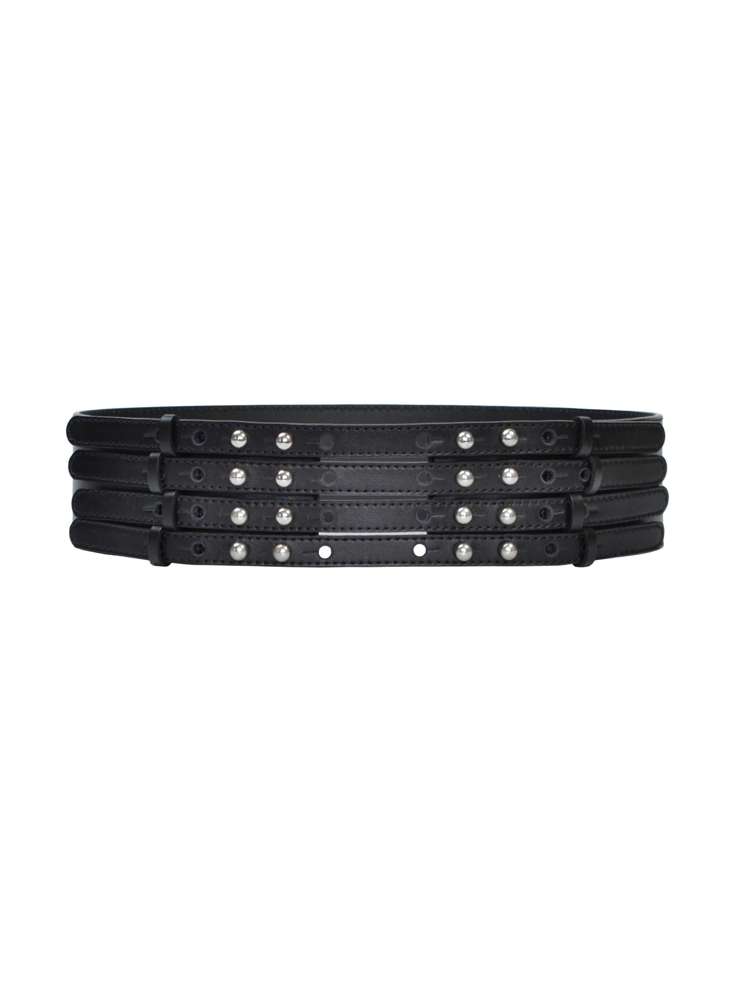Front view of multistrap black waist cincher belt.