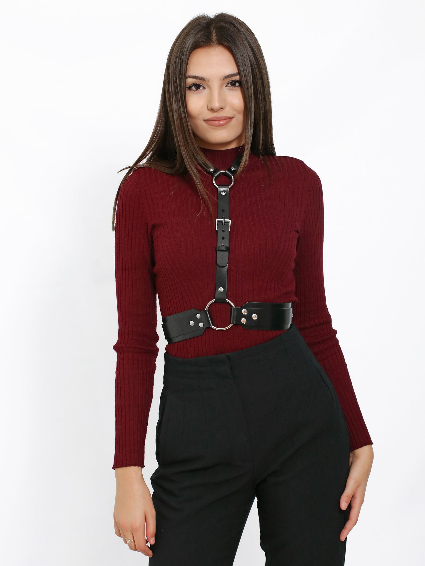 Black Leather Harness over a burgundy blouse