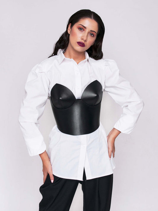 Front view of the Black Corset Top worn by a woman over white shirt.
