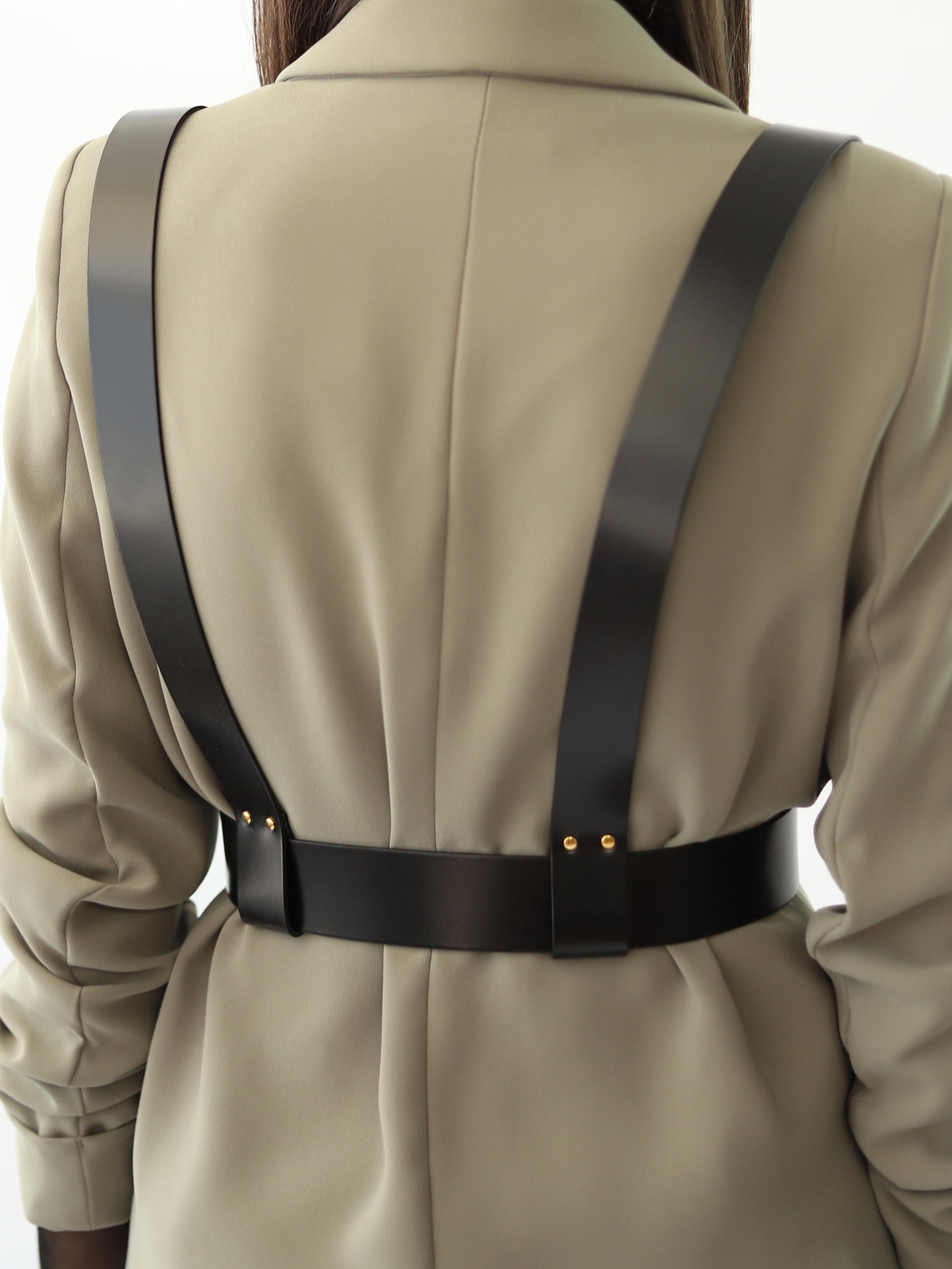 Back view of black leather suspender harness.