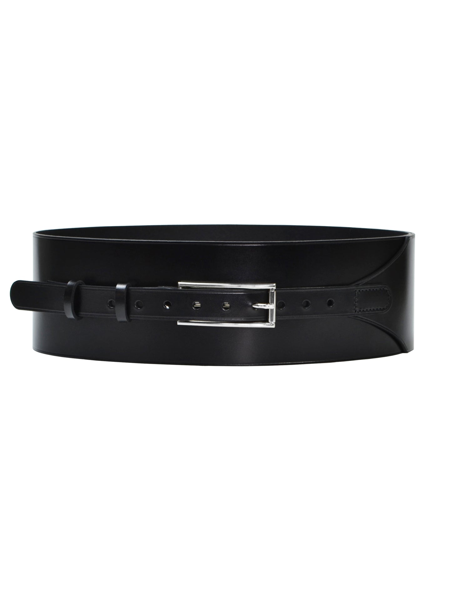 Front view of black leather wide belt.