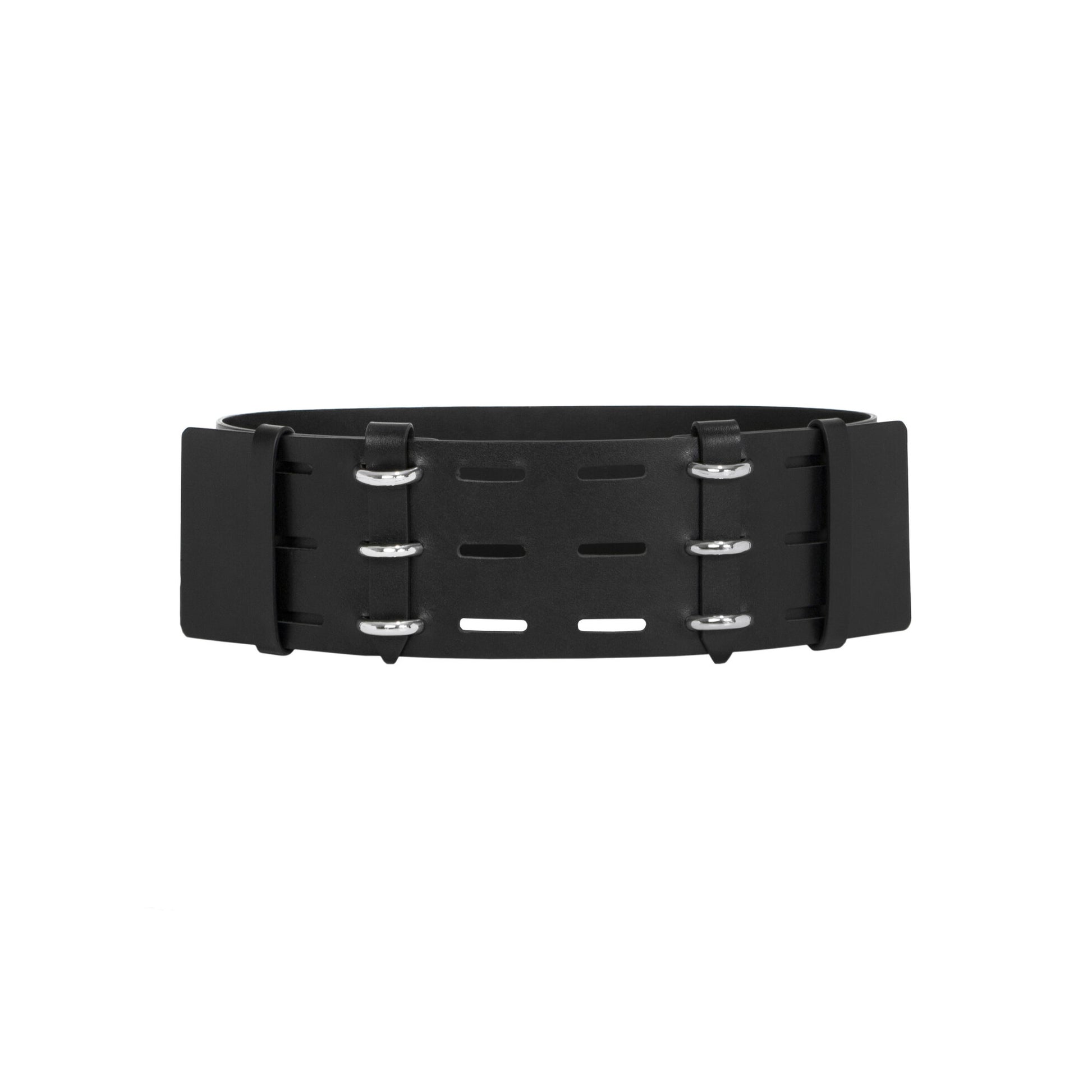 Front view of black leather wide corset belt.