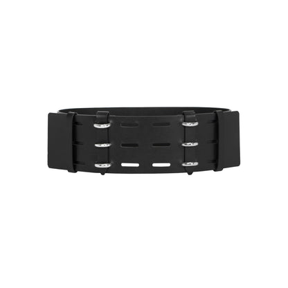 Front view of black leather wide corset belt.