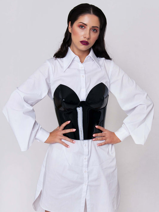 Patent Black Leather Corset worn over white shirt dress