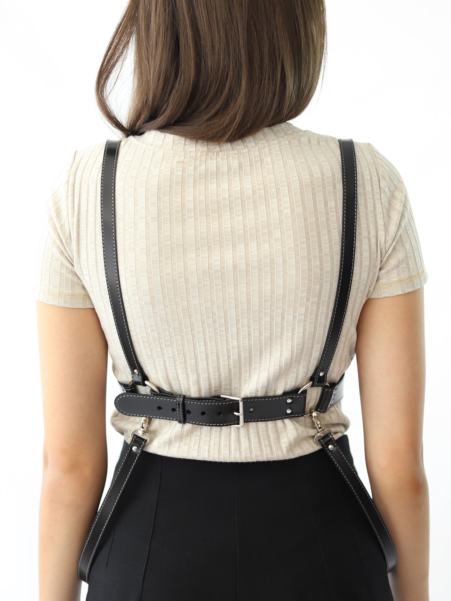 Back view of the underbust leather harness.