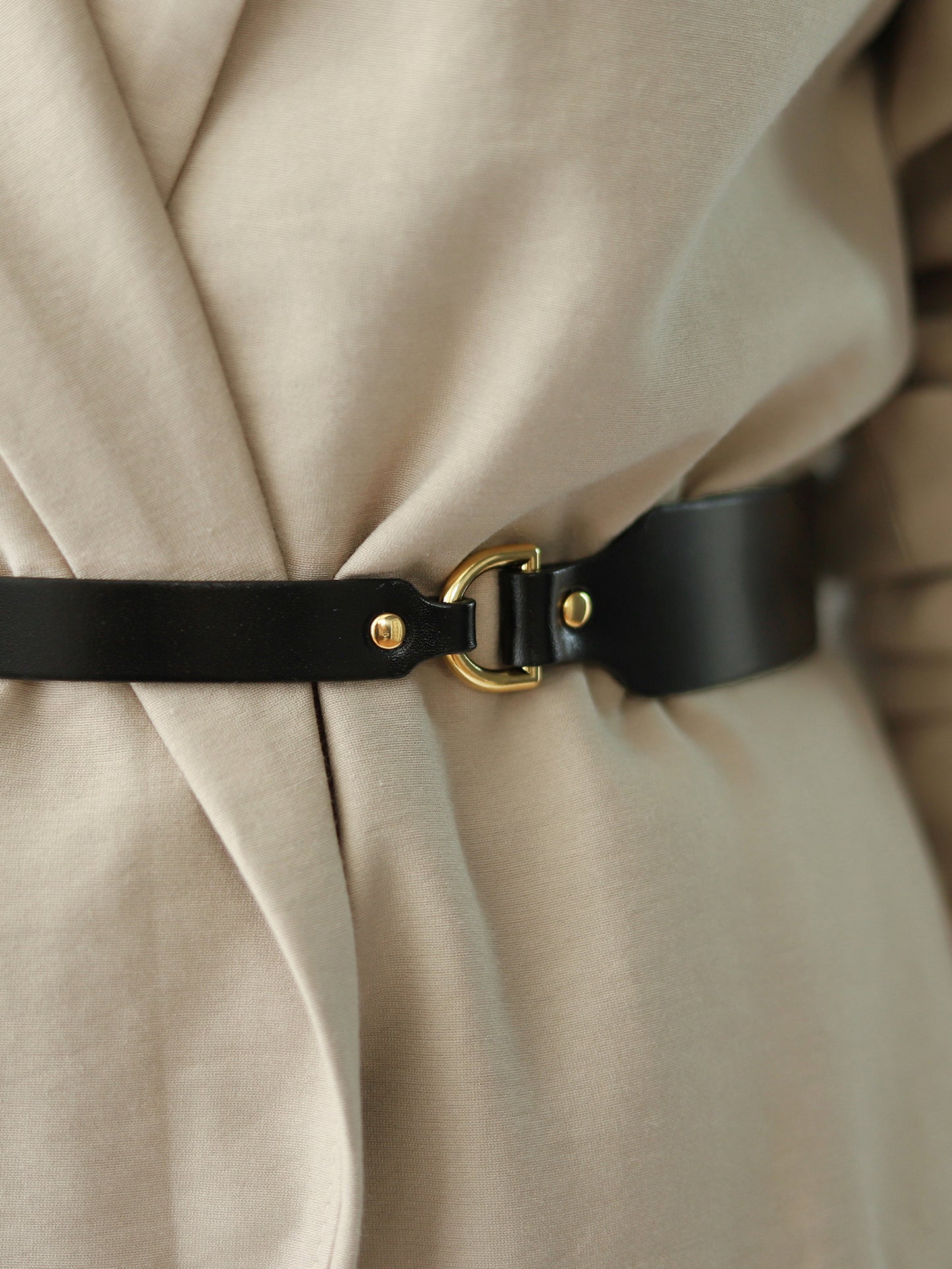 Detailed view of skinny leather belt adorned with gold hardware.