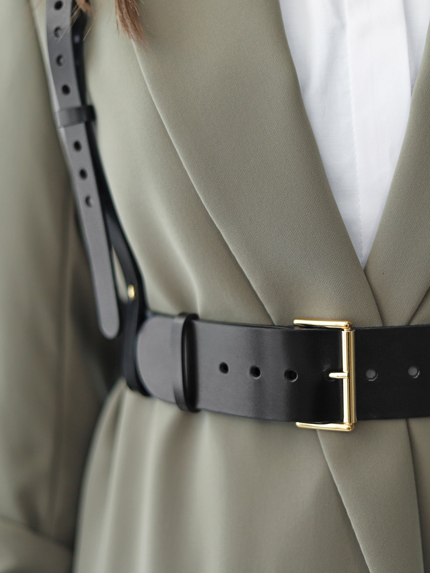 Detailed view of gold hardware leather harness.