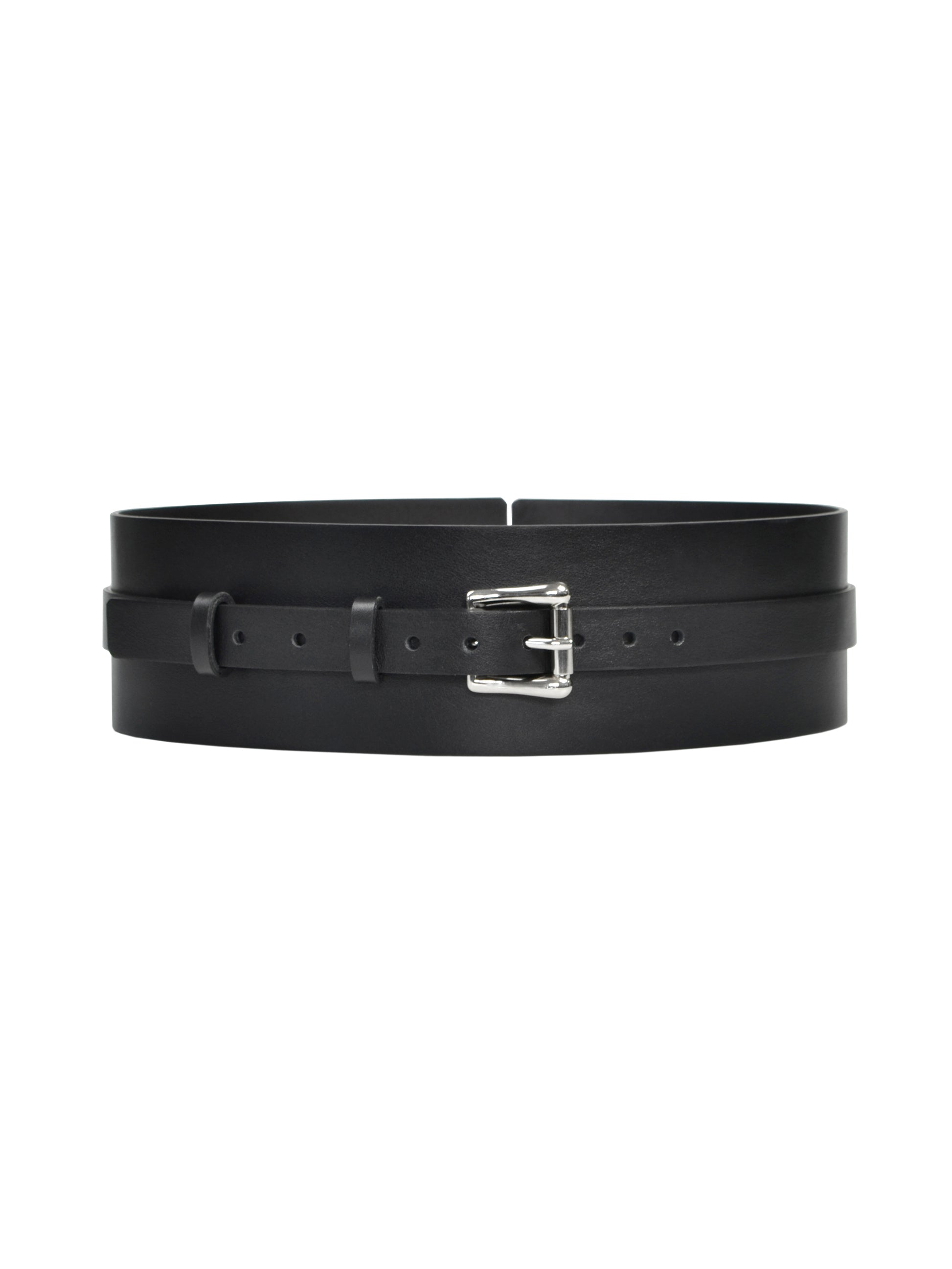 Front view of black high waist belt.