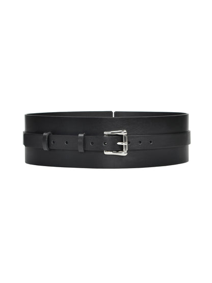 Front view of black high waist belt.