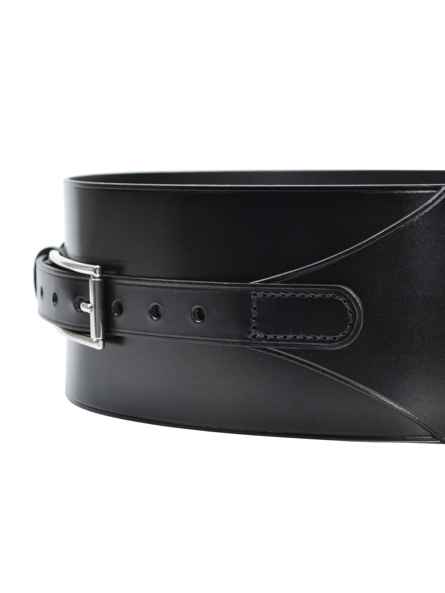 Detailed view of black leather belt.