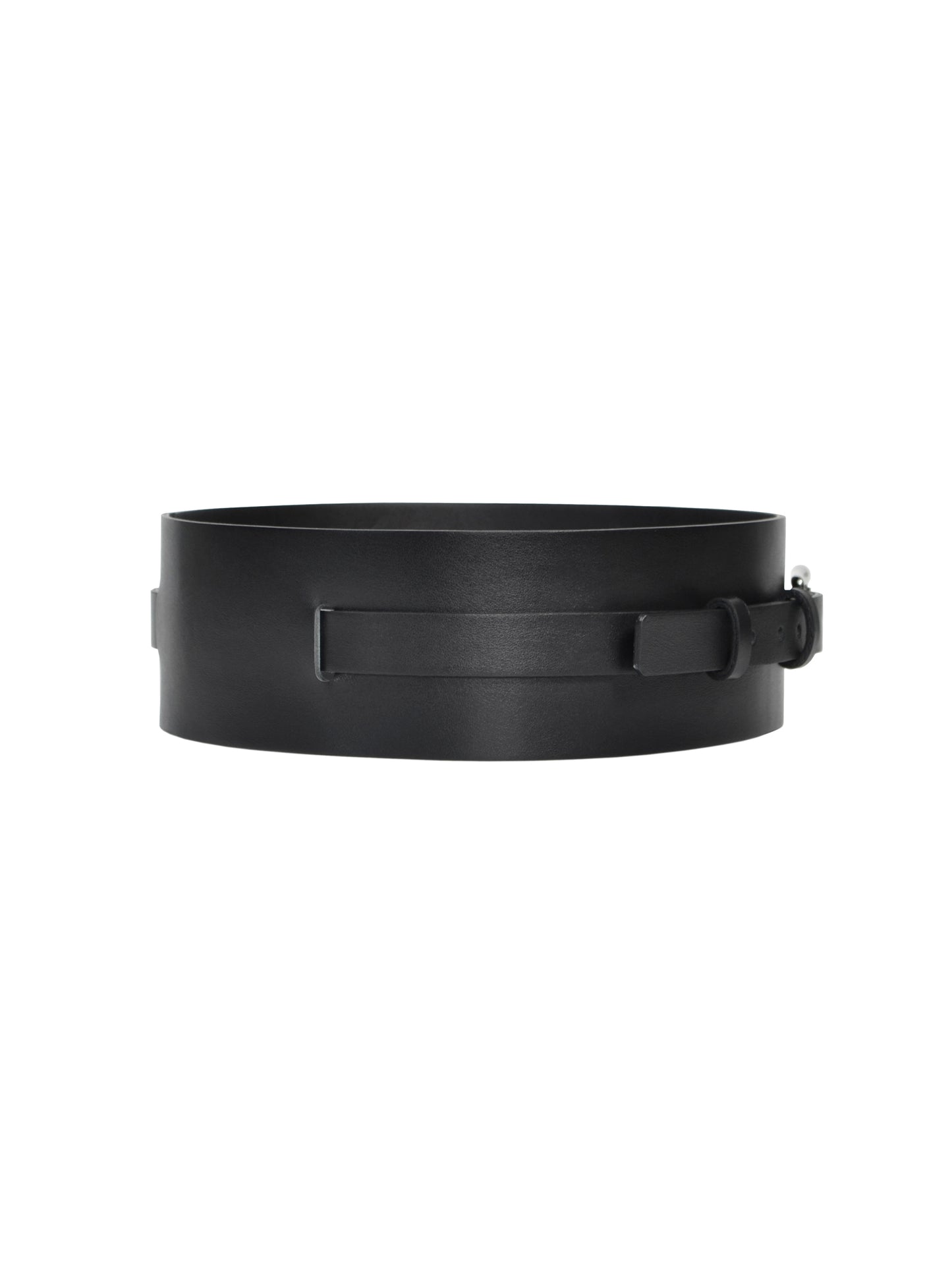 Side view of black high waist belt.
