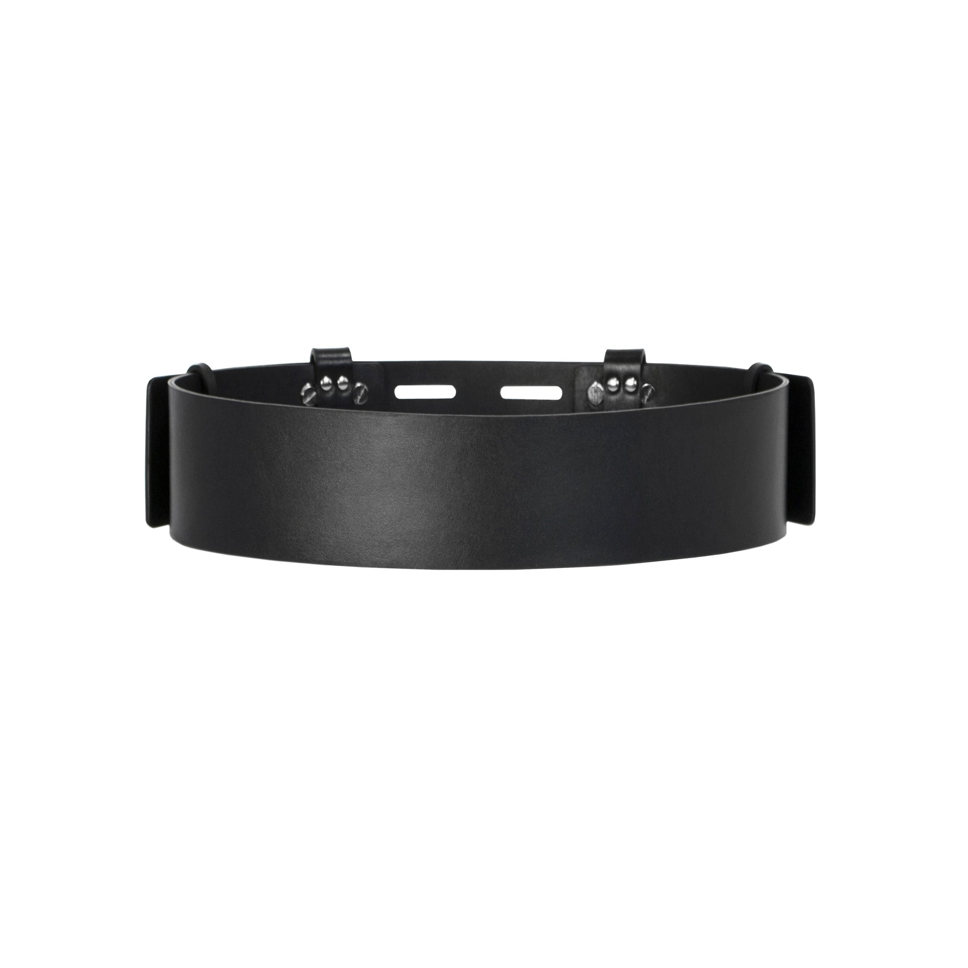 Back view of black leather high waist belt.