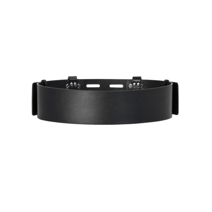 Back view of black leather high waist belt.