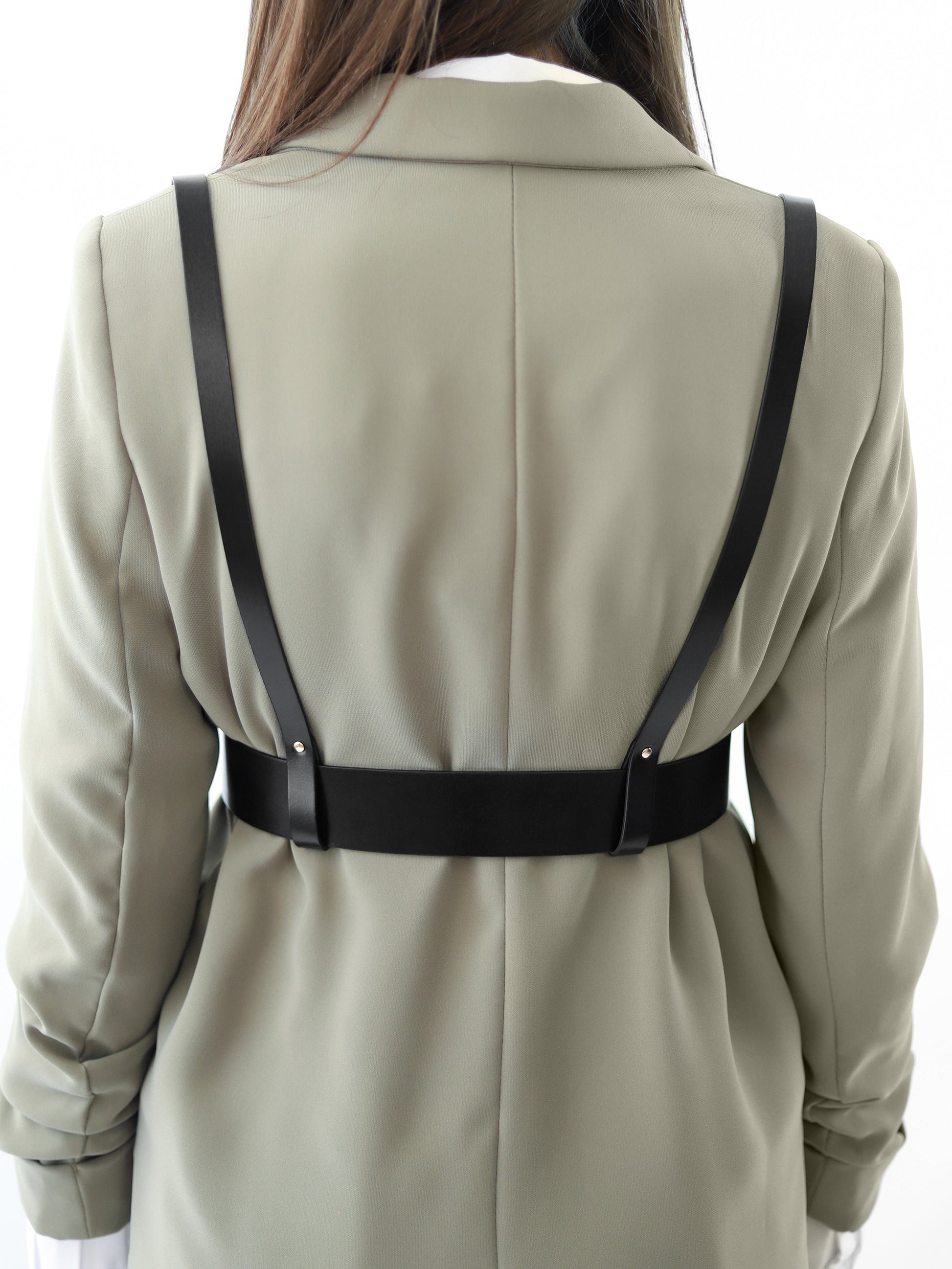 Back view of black leather harness.