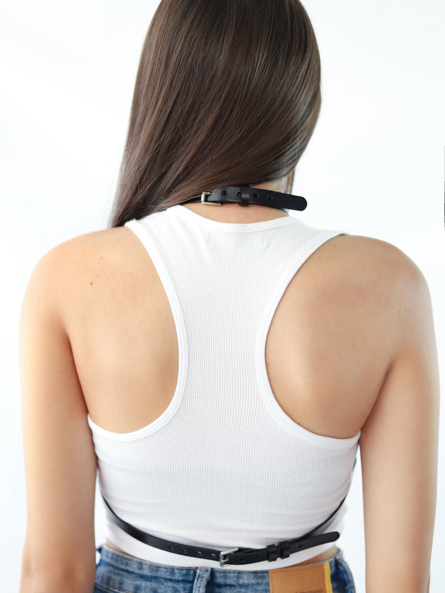 Back view of women body harness.
