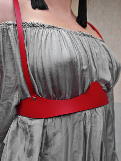 Close up view of leather underbust harness.