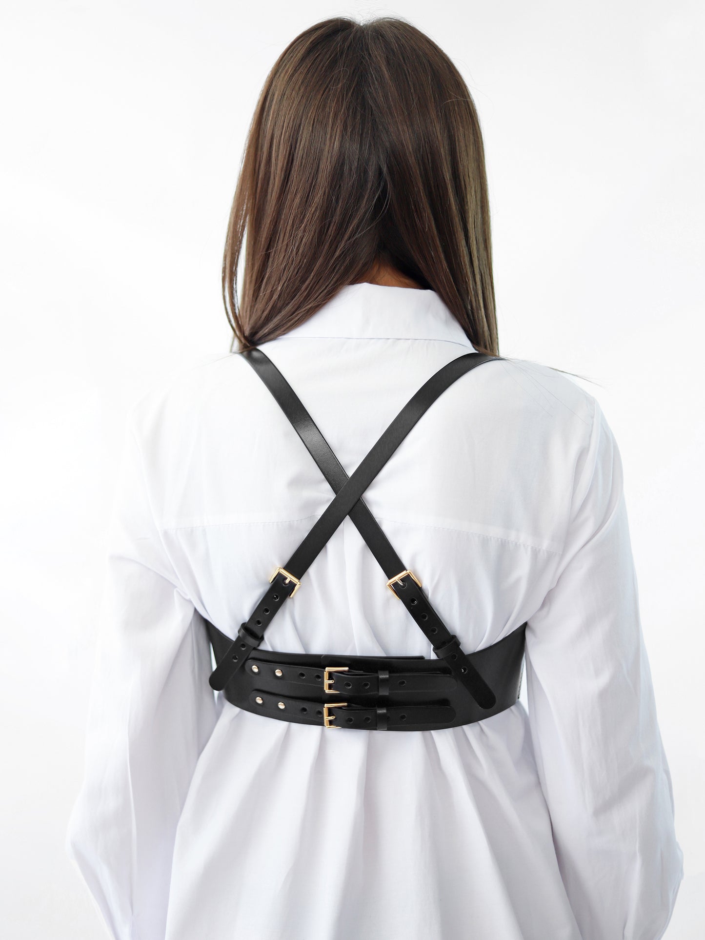 Back view of black underbust harness.