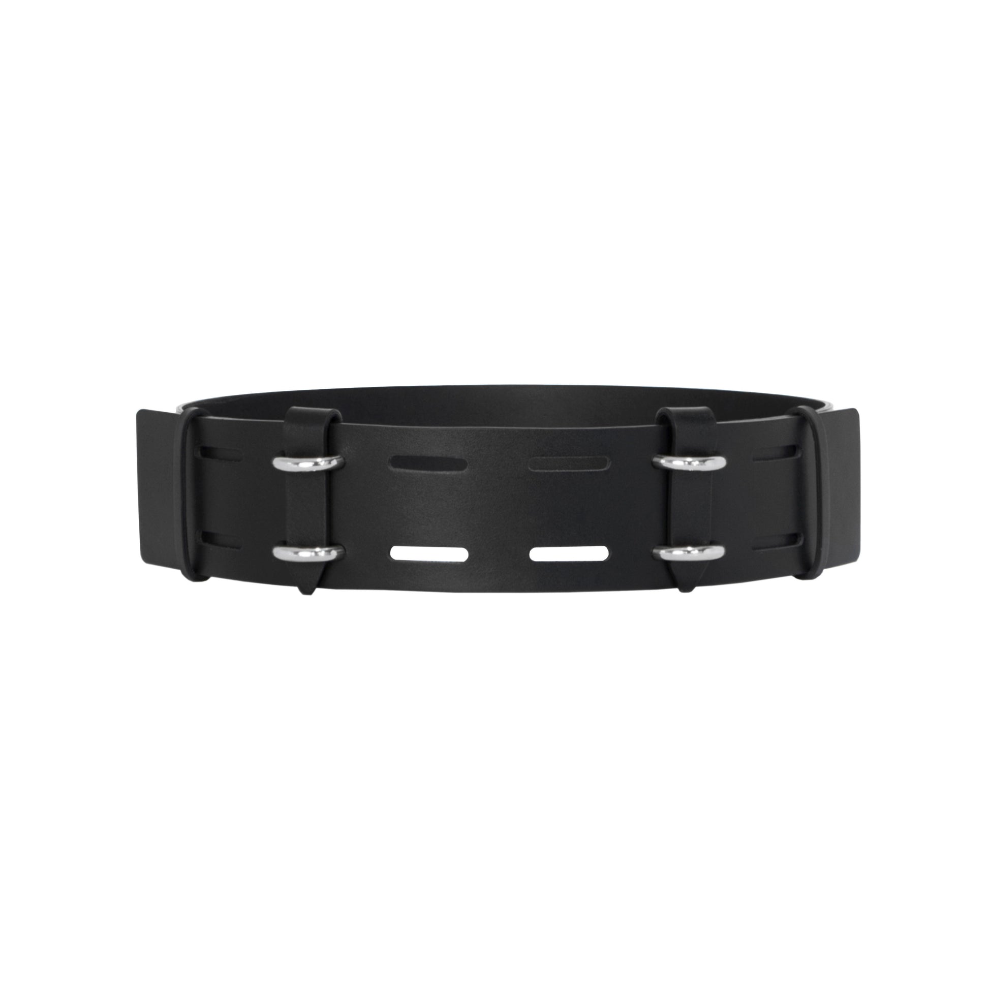 Front view of black leather high waist belt.