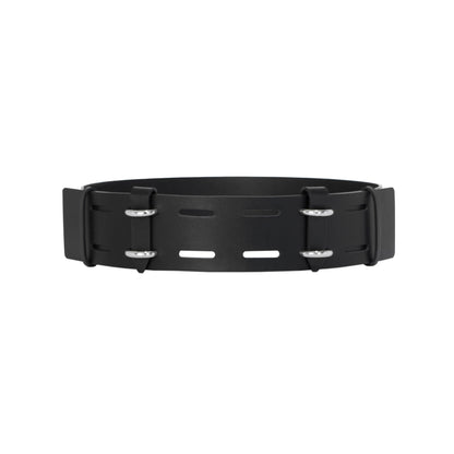Front view of black leather high waist belt.