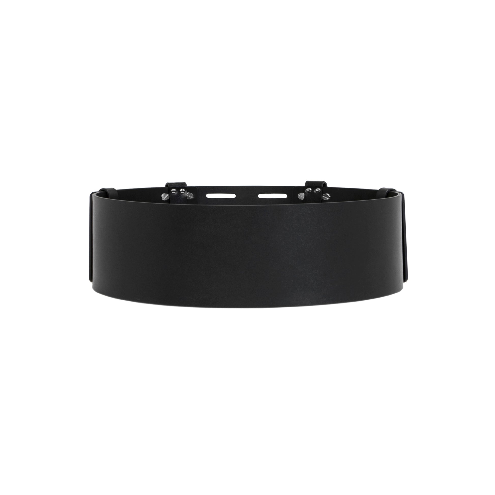Back view of black leather wide waist belt.