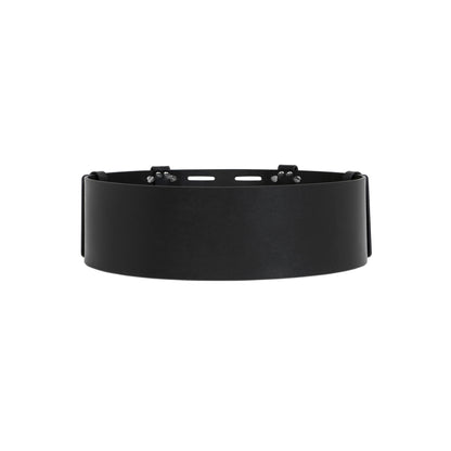 Back view of black leather wide waist belt.