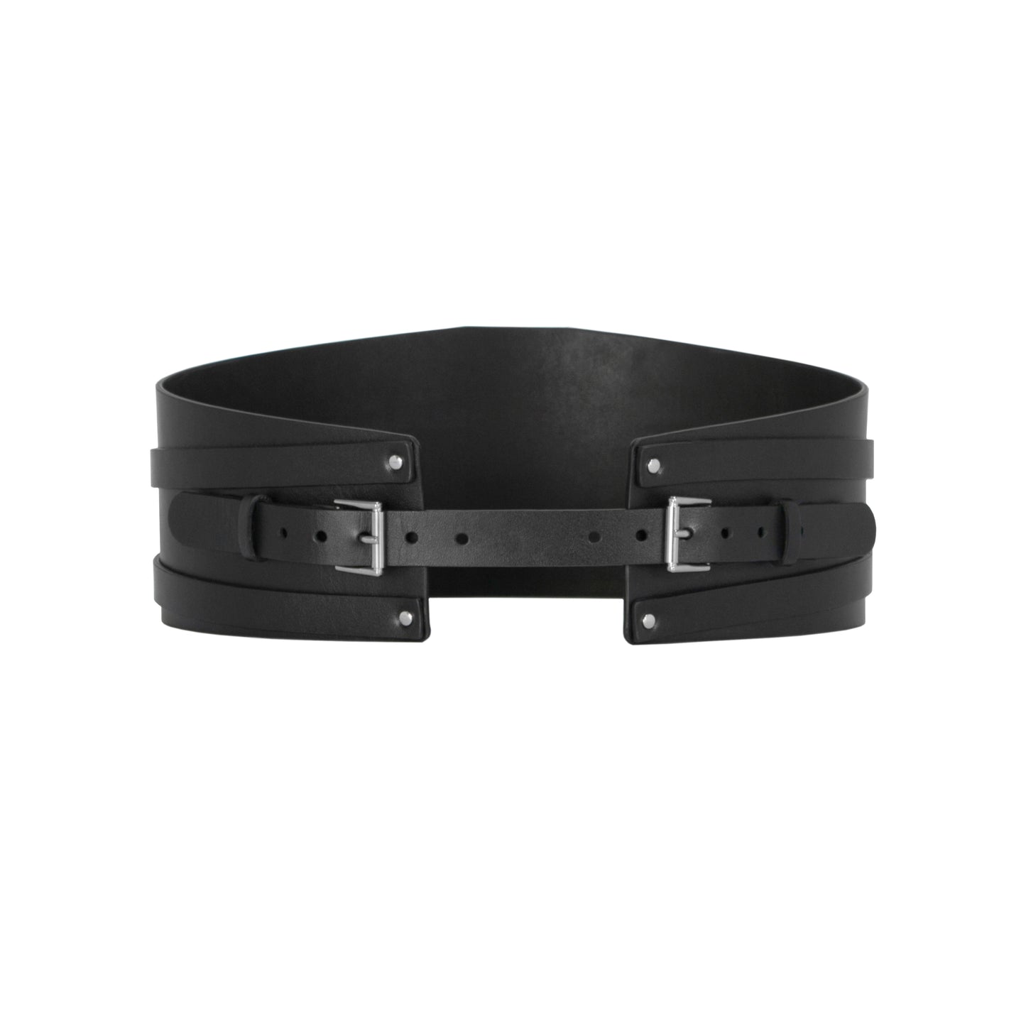 Back view of black leather wide waist belt.